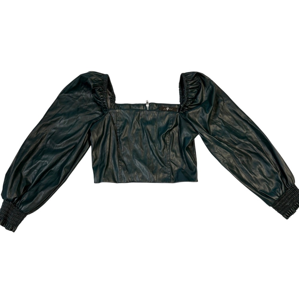 7 For All Mankind Green Faux Leather Puff Sleeve Crop Top Square Neck XS